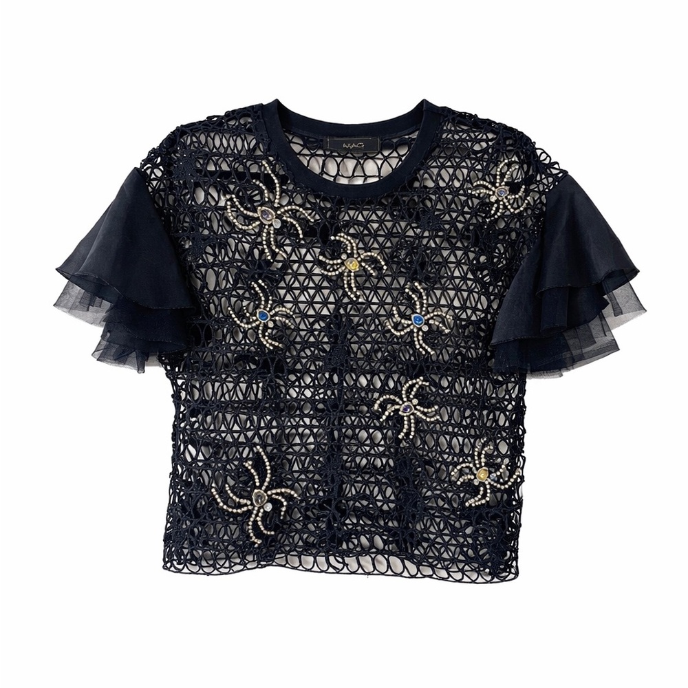 MAG Black Spider Lace Mesh Top Sheer Flutter Sleeve Boxy S/M